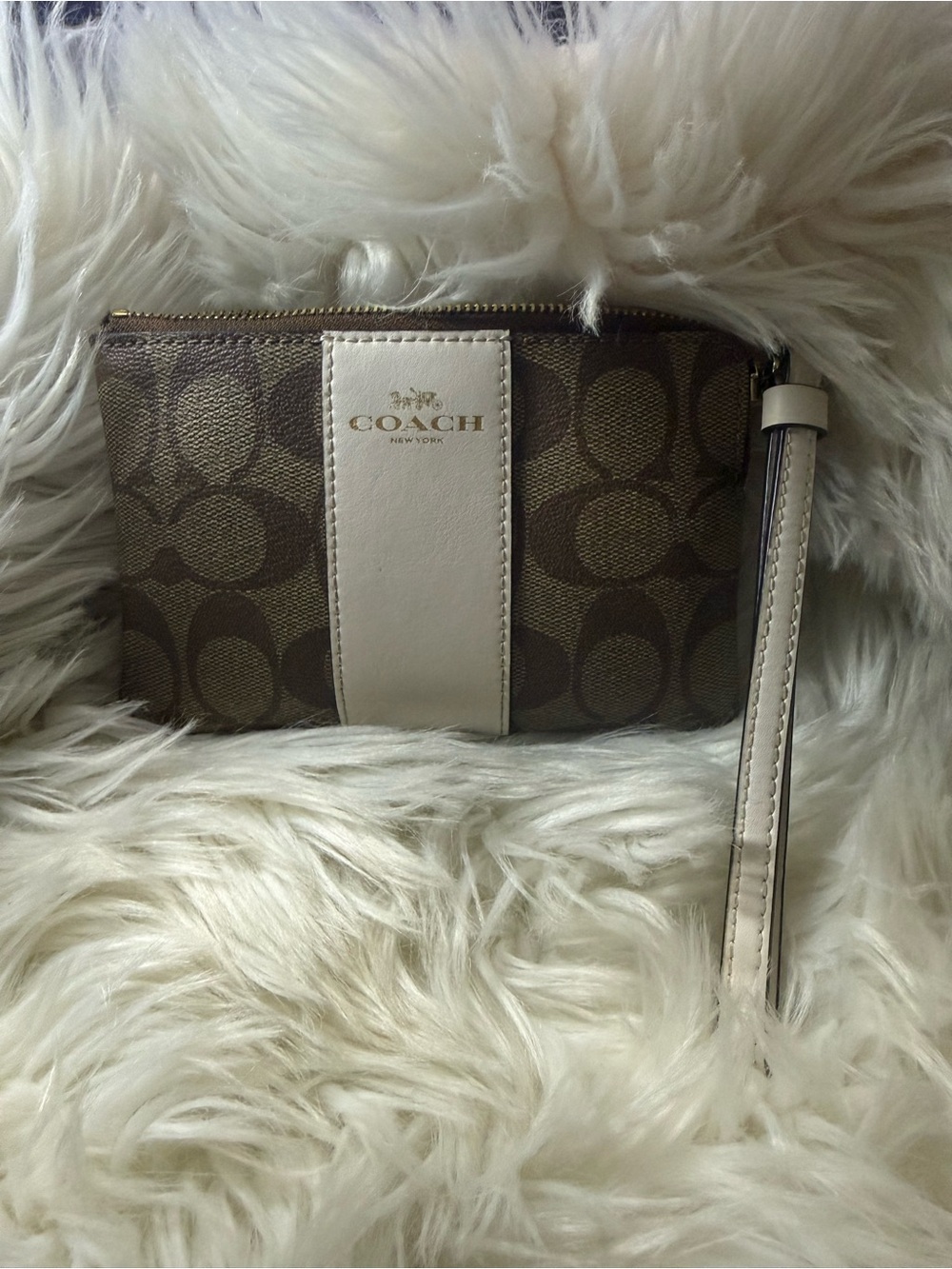 Coach Brown Signature Canvas Wristlet with Cream Accent